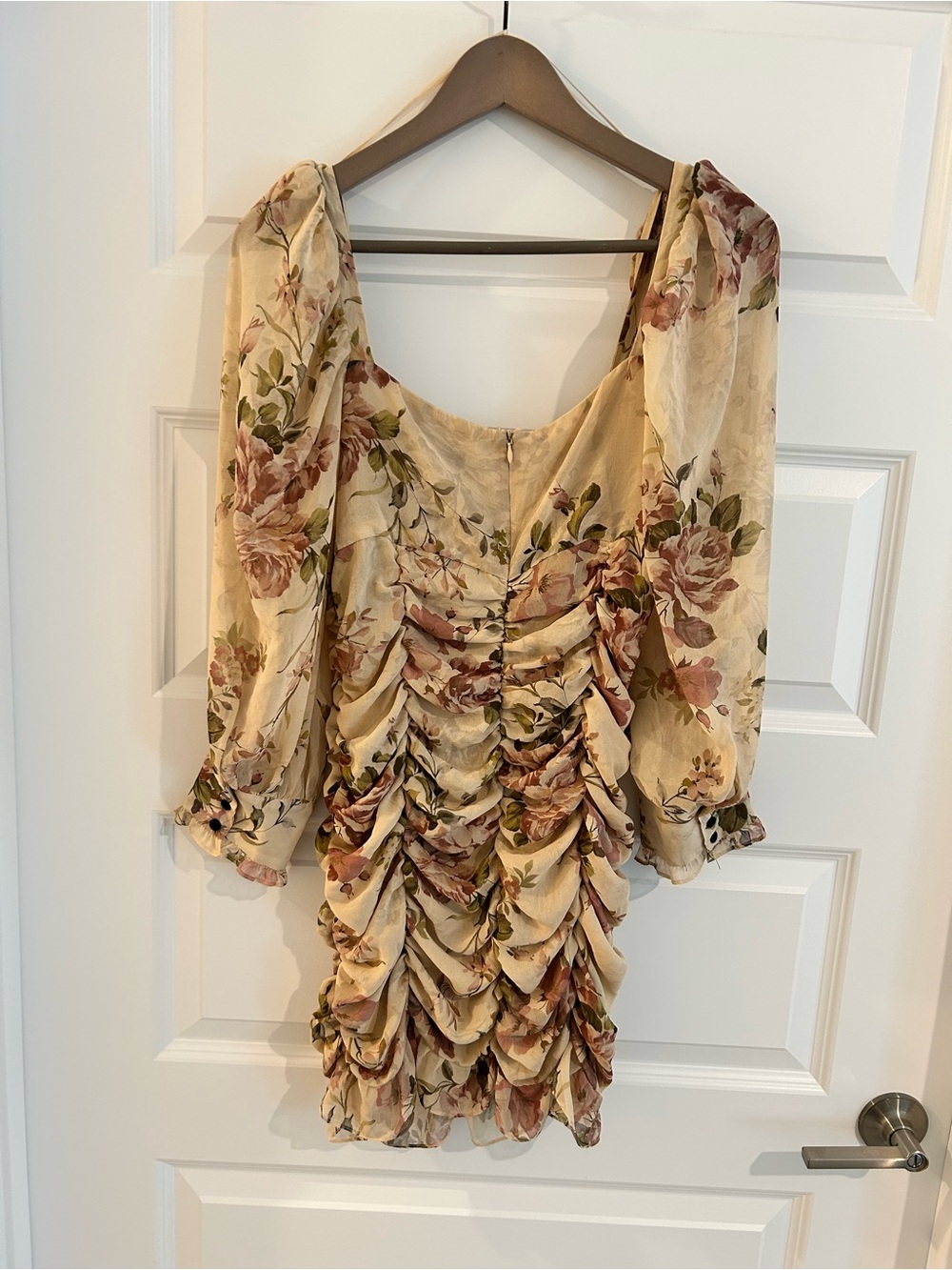 Zara Zimmerman Floral Ruched Dress Tan Pink Size L - Picture 10 of 14